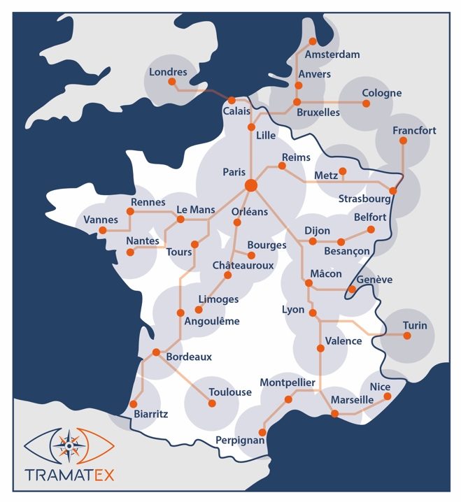 Carte de France et des pays voisins avec les liaisons au départ de Paris