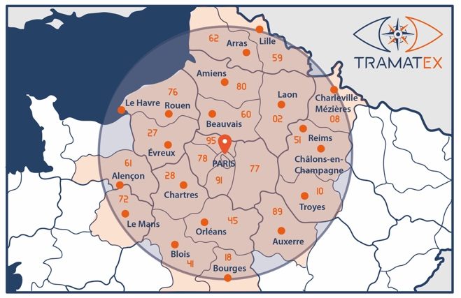 Carte des départements couverts autour de Paris