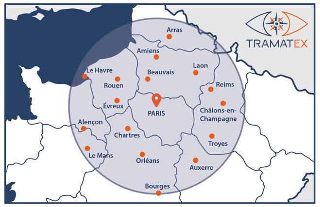 Carte du rayon d'intervention autour de Paris
