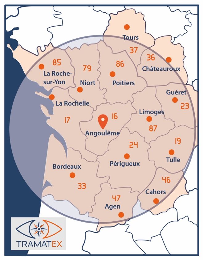 Carte du rayon d'intervention autour d'Angoulême, de Tours à Agen